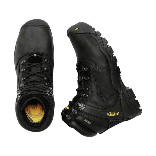Black lace-up work boot shown from top and side, with rugged tread and visible KEEN logo.