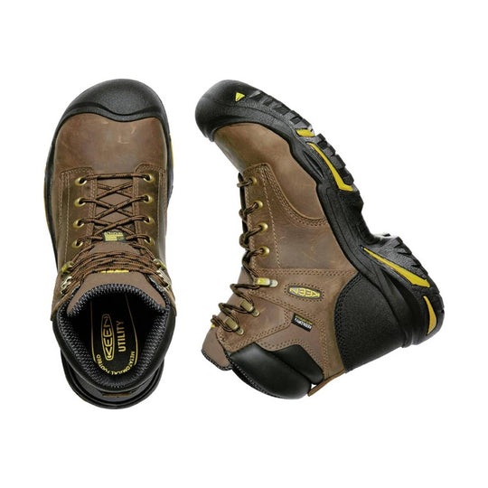 Brown and black steel-toe work boots with yellow accents, shown from top and side views