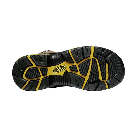 Black lugged boot outsole with yellow traction channels and KEEN logo