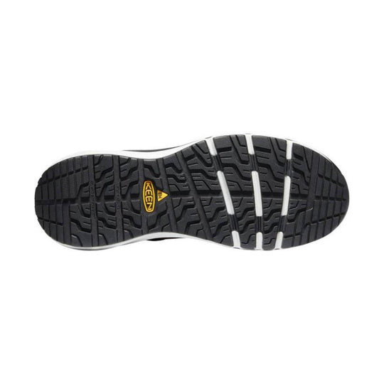 Black work boot outsole with deep tread and KEEN logo