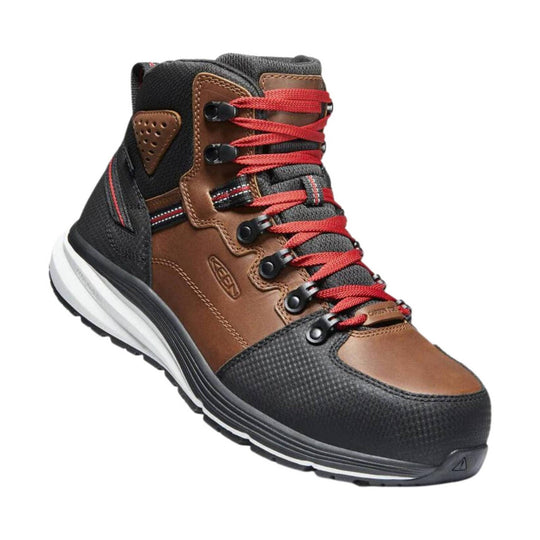 Brown and black lace-up work boot with red laces and a white cushioned sole