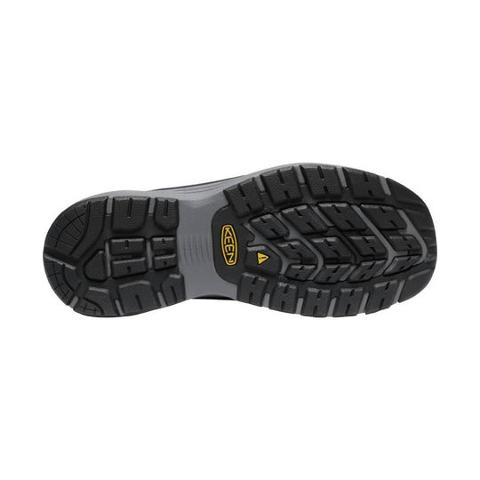 Black rugged work shoe outsole with deep tread and KEEN logo