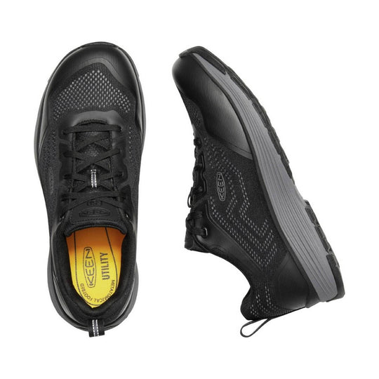 Black athletic work shoe with mesh upper, gray sole, and lace-up closure, shown from top and side views