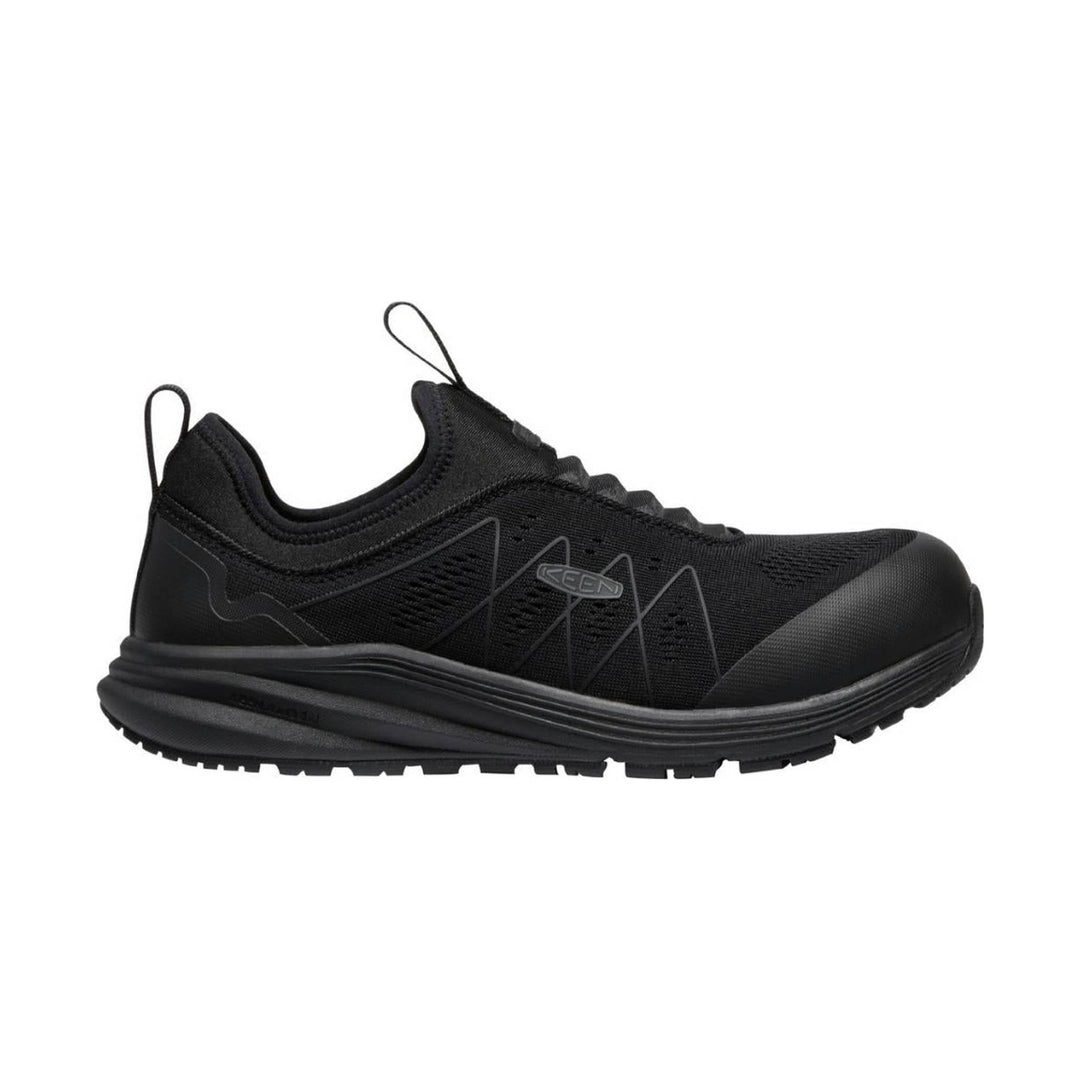 Black low-top work shoe with knit upper, reinforced toe, and pull tabs