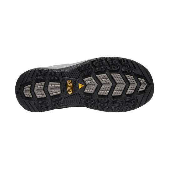 Black work shoe outsole with gray traction lugs and KEEN logo