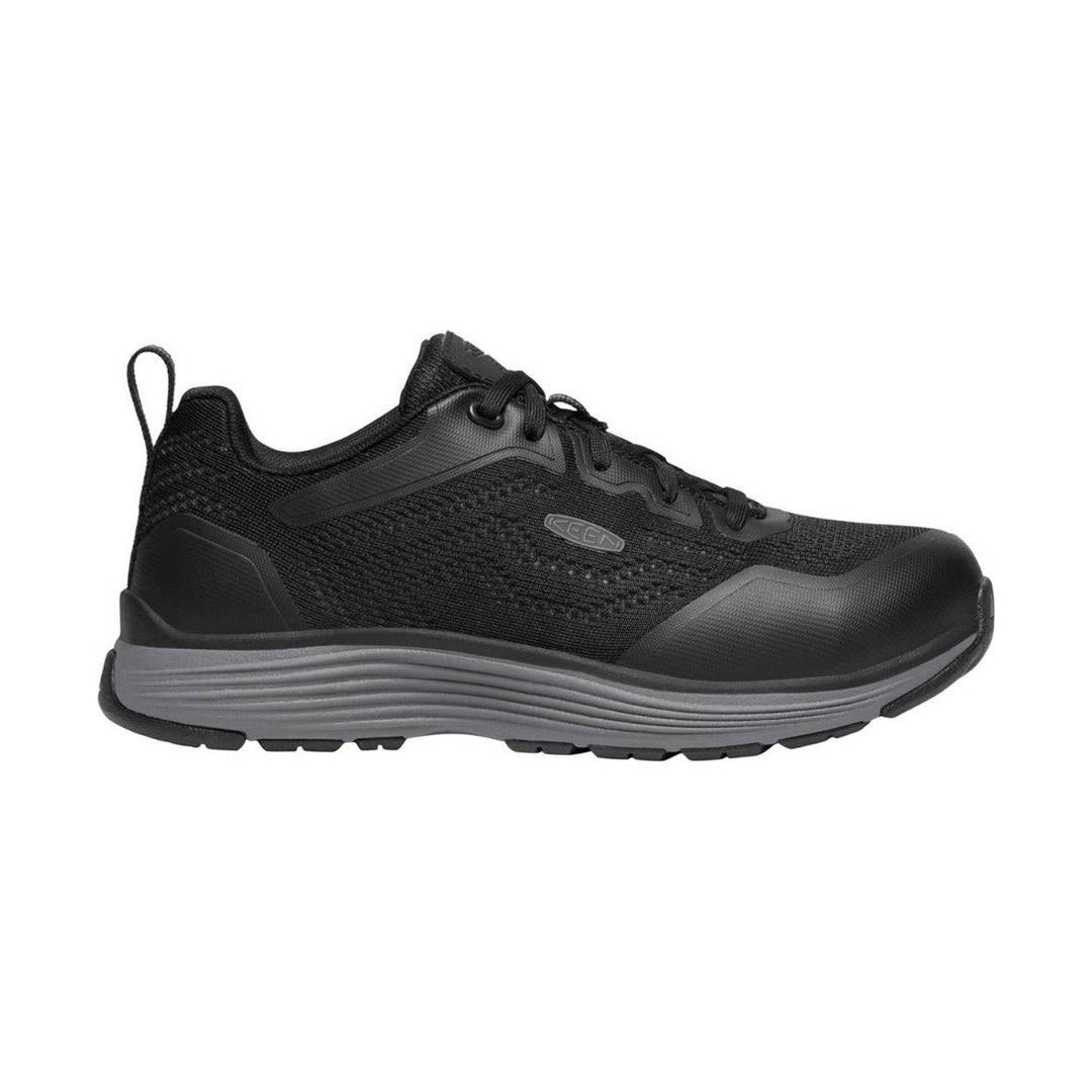 Black athletic work shoe with a gray midsole, laces, and a pull loop at the heel