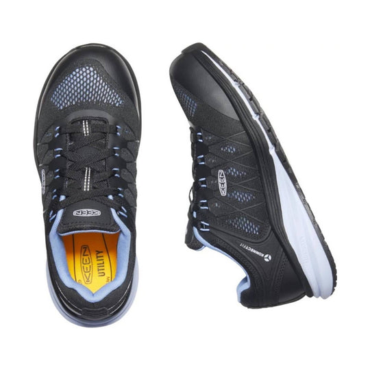 Black athletic work shoe with mesh upper, bungee laces, and light blue interior accents