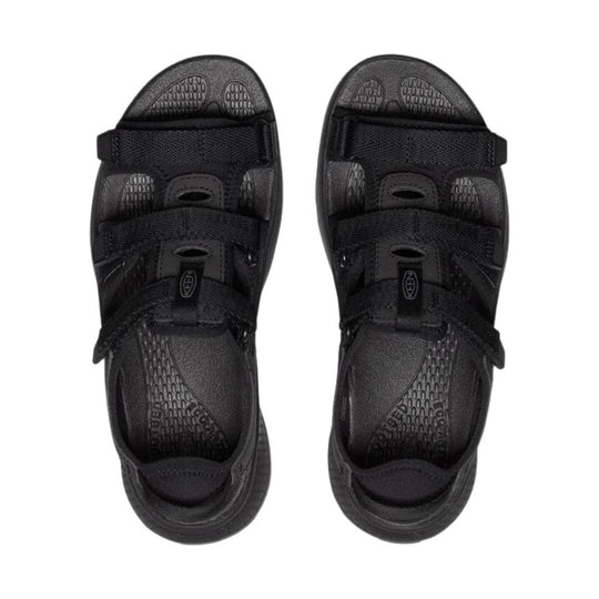 Black closed-toe sandals with wide Velcro straps and open mesh accents, top view