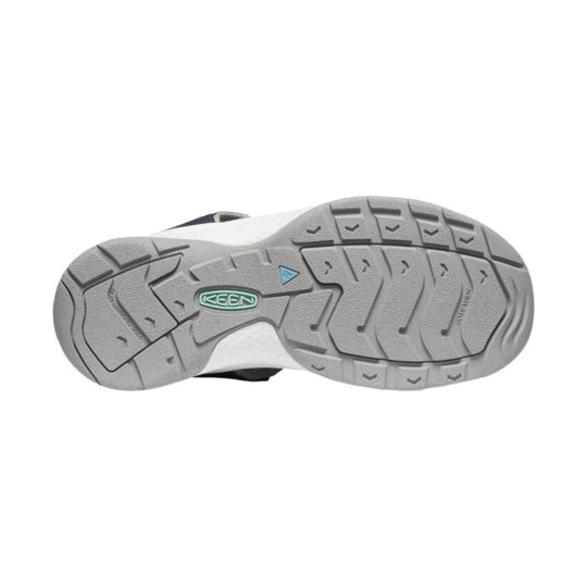 Gray sandal outsole with deep tread and KEEN logo