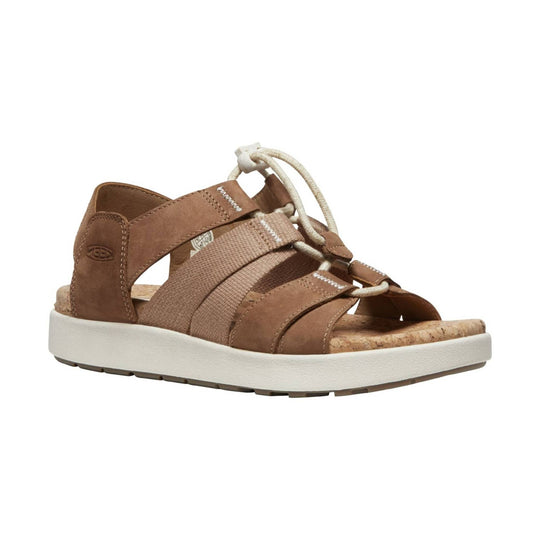 Brown strappy platform sandal with cork footbed and bungee laces