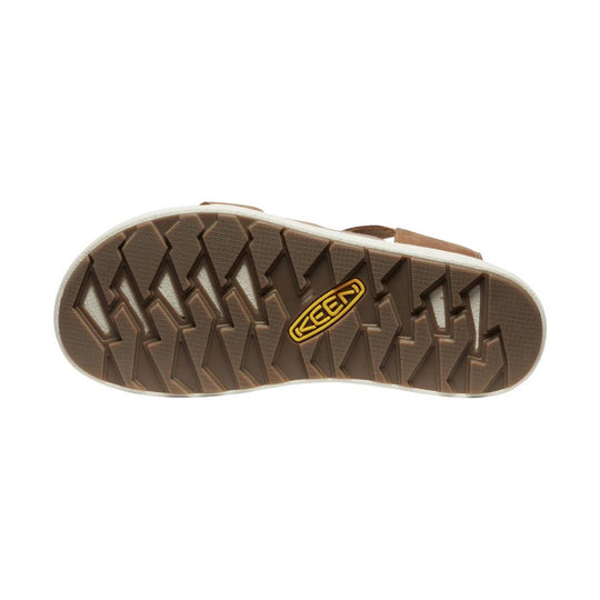 Brown sandal outsole with deep zigzag tread and a yellow KEEN logo at center