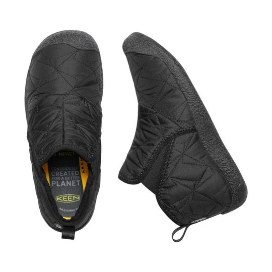 Black quilted slip-on ankle boots with gray fleece collars and pull tabs, shown from top and side views