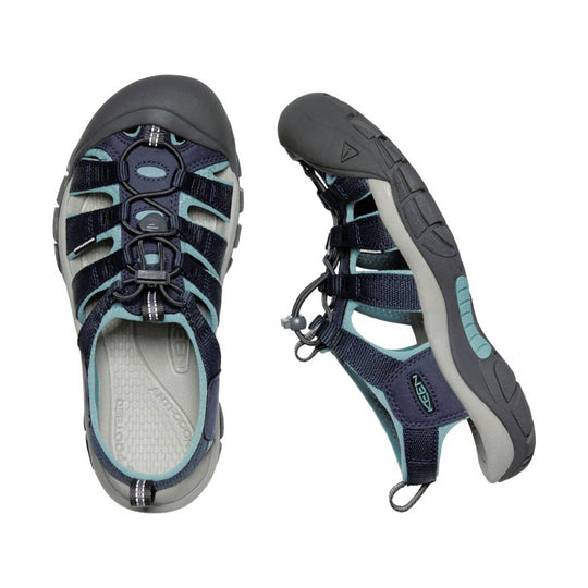 Closed-toe navy and gray hiking sandal with aqua trim, bungee laces, and side cutouts