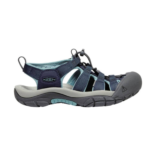 Navy and teal closed-toe hiking sandal with bungee laces and thick gray sole