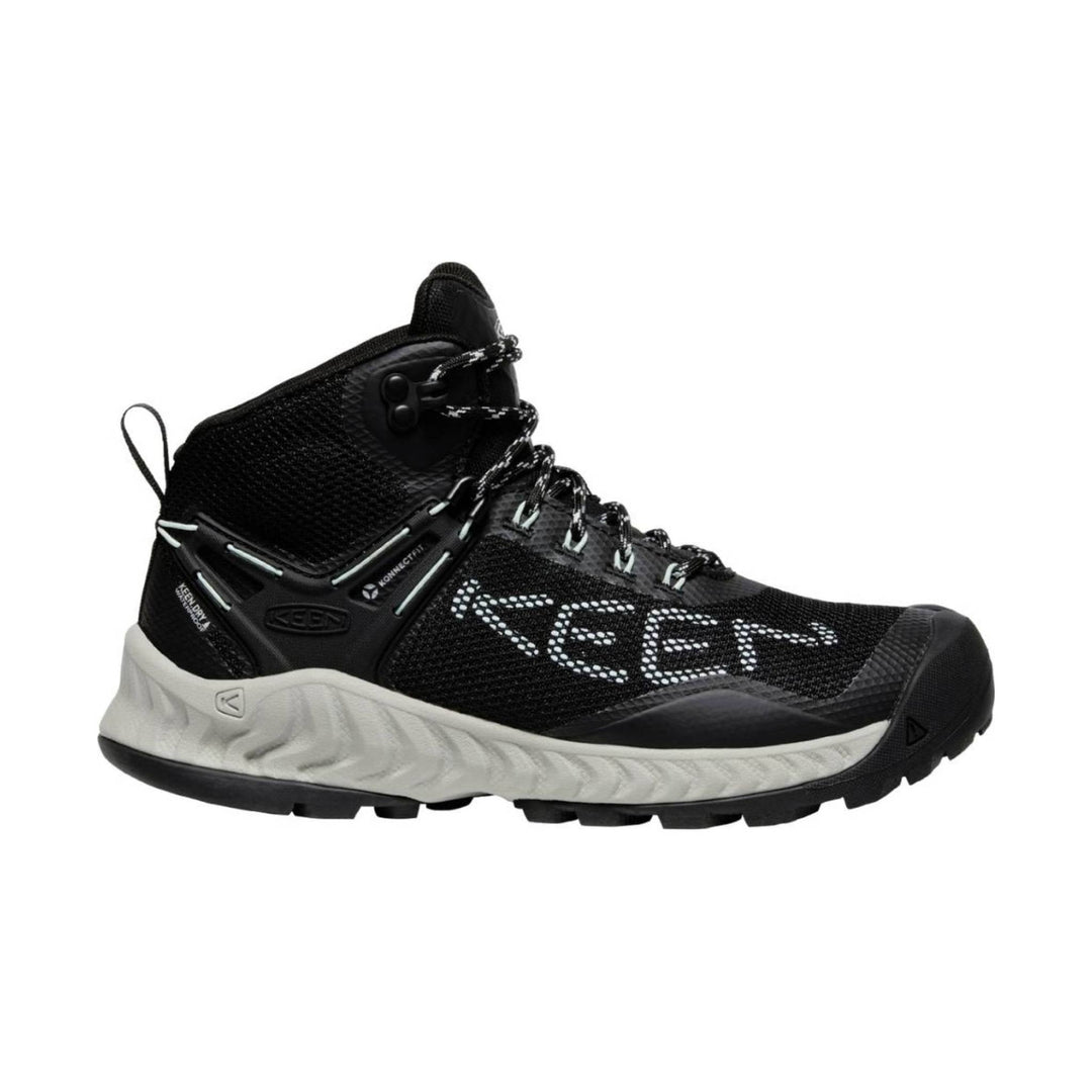 Black high-top hiking boot with bungee laces, white speckled side logo, and a light gray sole