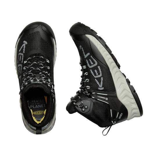 Black hiking boots with bungee laces, side branding, and light gray soles