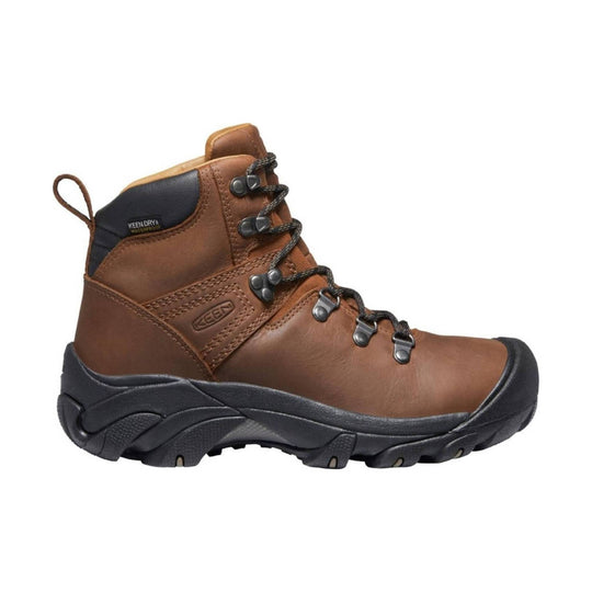 Brown leather hiking boot with black rubber sole, lace hooks, and waterproof label
