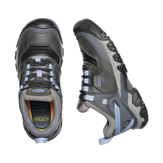 Gray and black hiking shoe with blue laces, shown from top and side views