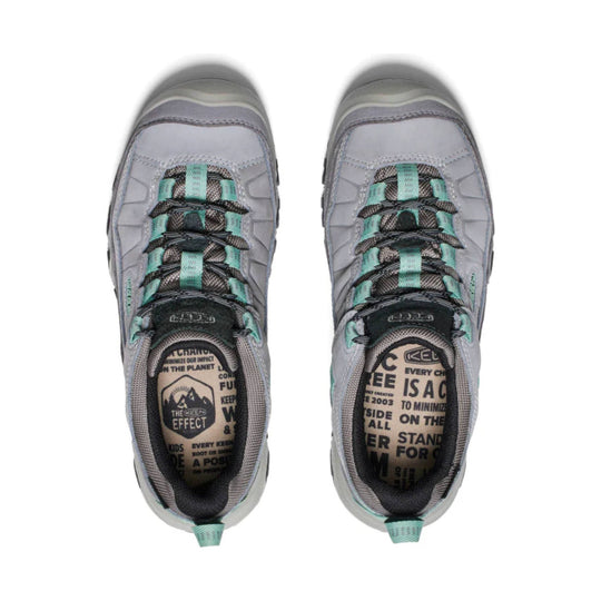Gray and teal hiking shoes shown from above with black laces and visible KEEN branding inside