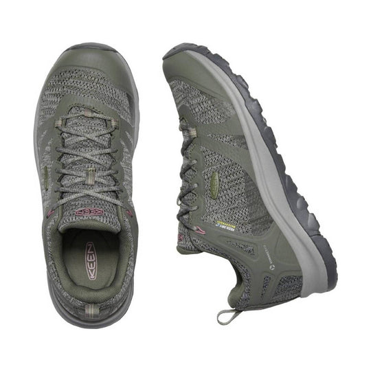 Olive-gray hiking shoes with mesh uppers, bungee laces, and black tread soles