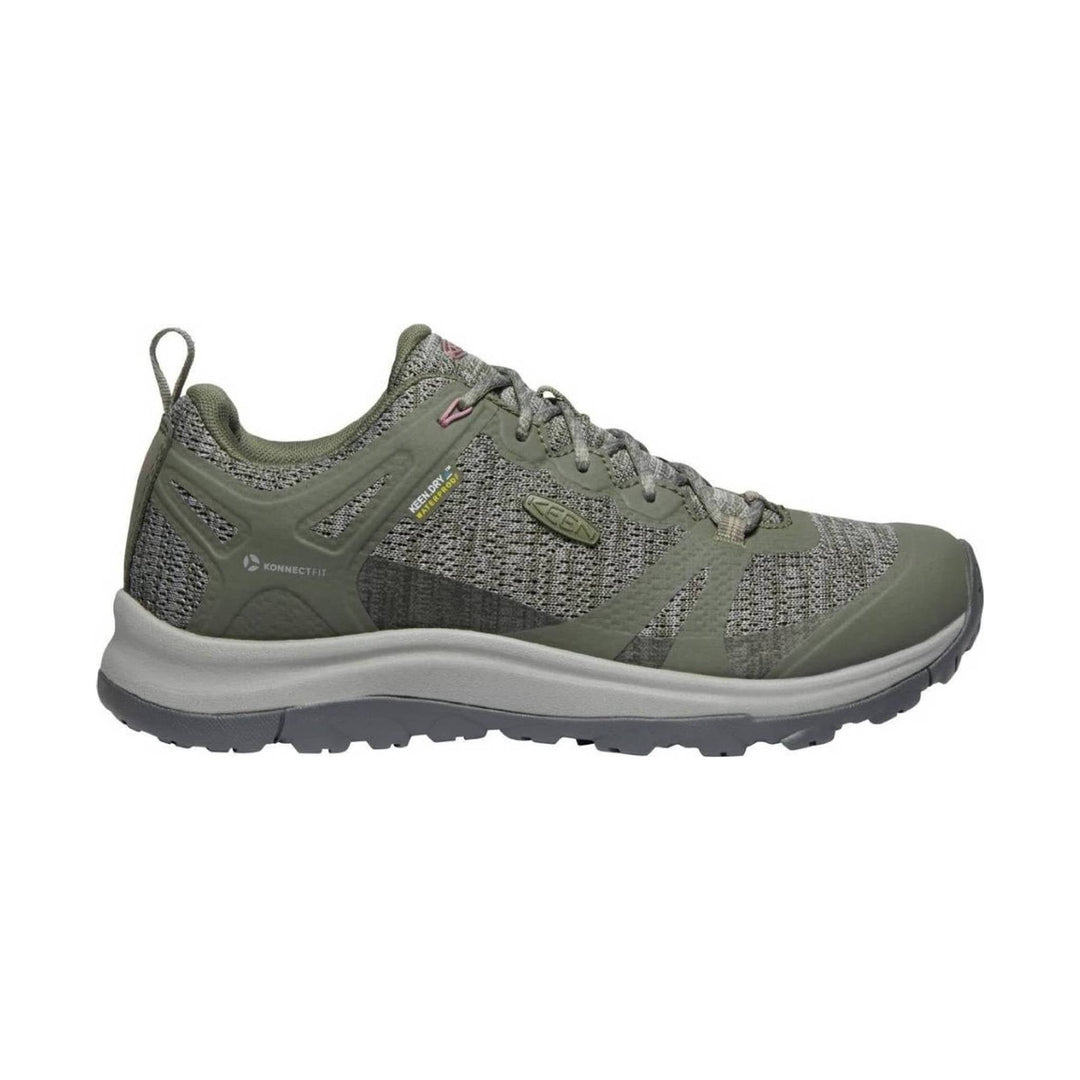 Olive and gray low hiking shoe with mesh upper, laces, and rugged outsole