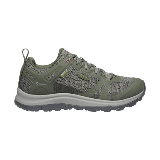 Olive and gray low hiking shoe with mesh upper, laces, and rugged outsole