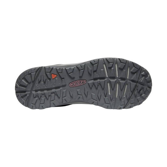 Gray hiking shoe outsole with KEEN logo and rugged tread pattern