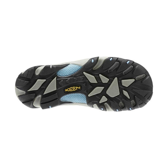 Trail shoe outsole with black tread, gray lugs, blue accents, and KEEN logo