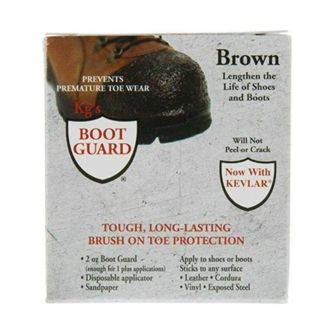 Brown brush-on toe protection for shoes and boots with shield logos and text about Kevlar