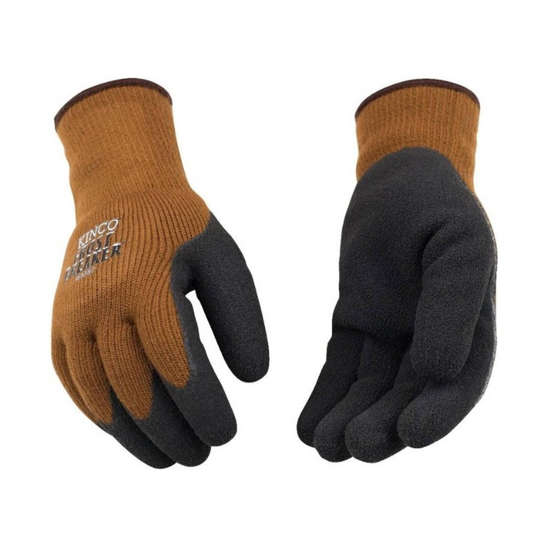 Pair of knit thermal work gloves, brown with black coated palms and fingers, shown front and back
