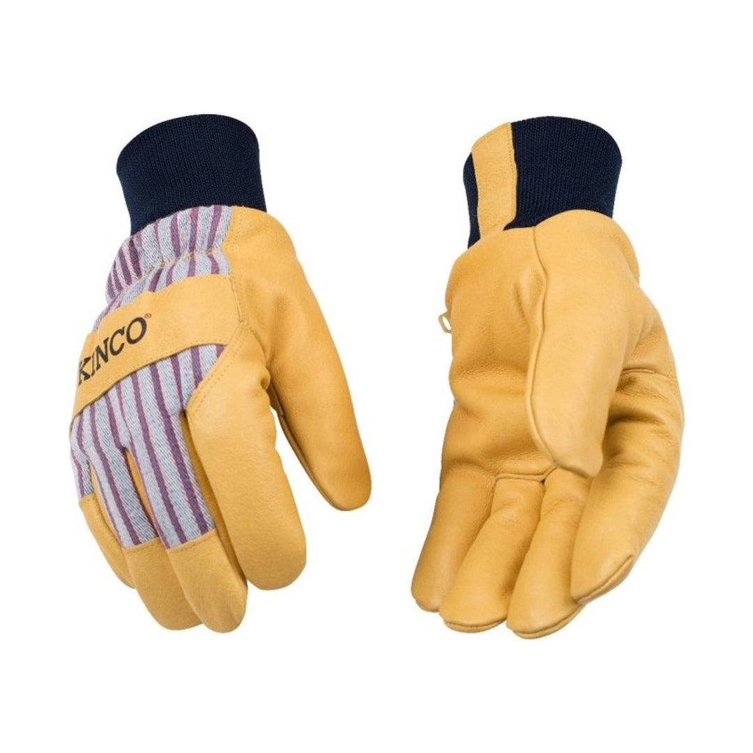 Yellow leather work gloves with knit cuffs and striped back panel, shown front and back