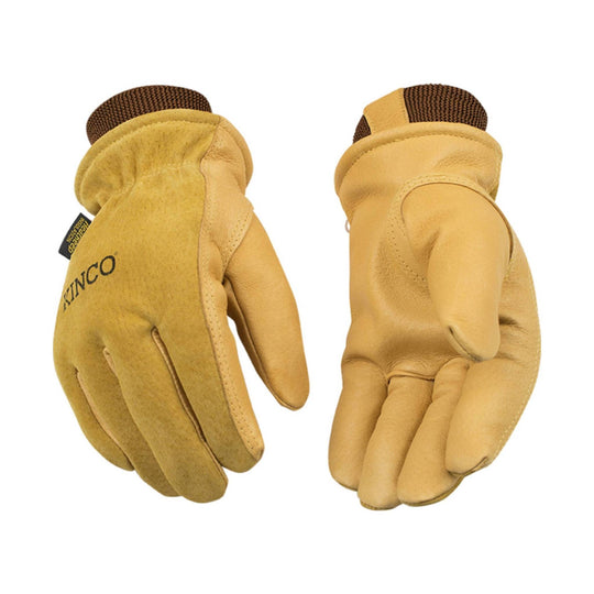 Golden leather work gloves with suede backs and knit cuffs, shown front and back