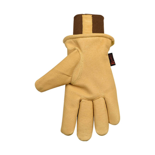Tan leather work glove with brown knit cuff and four-finger design