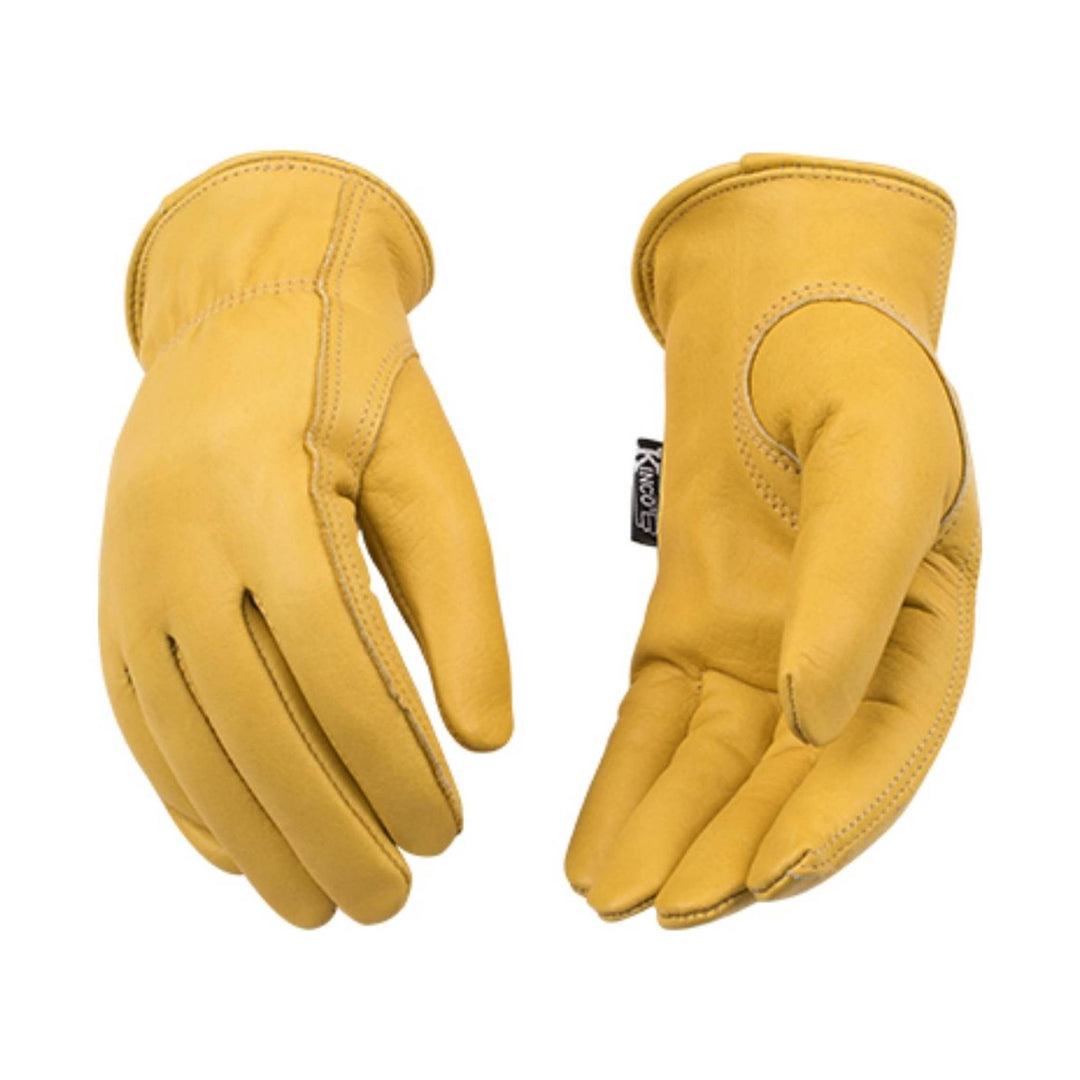 Yellow leather work gloves shown palm and back views