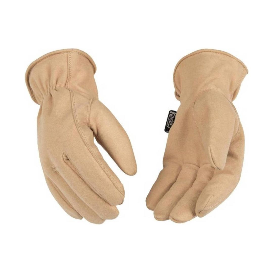 Pair of tan insulated work gloves with gauntlet cuffs