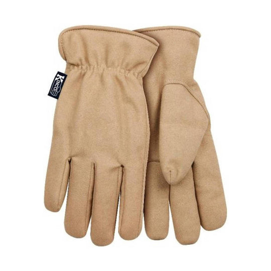 Tan insulated work gloves with knit cuffs and visible Kinco tag