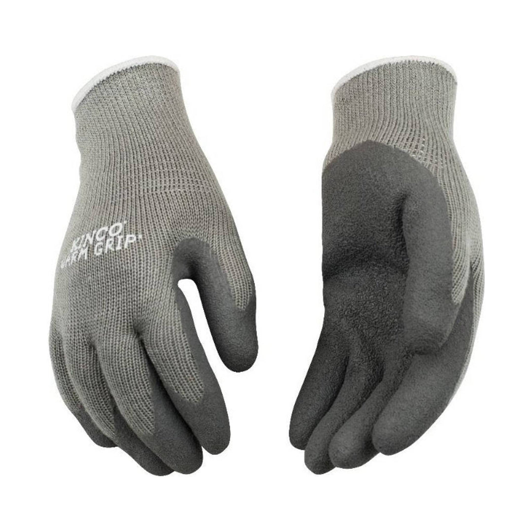 Gray knit work gloves with dark-coated palms, shown front and back.