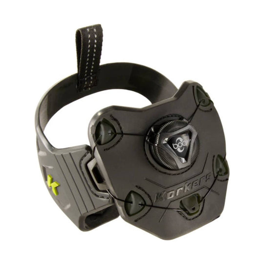Black slip-on traction device with adjustable strap, metal spikes, and Boa dial closure