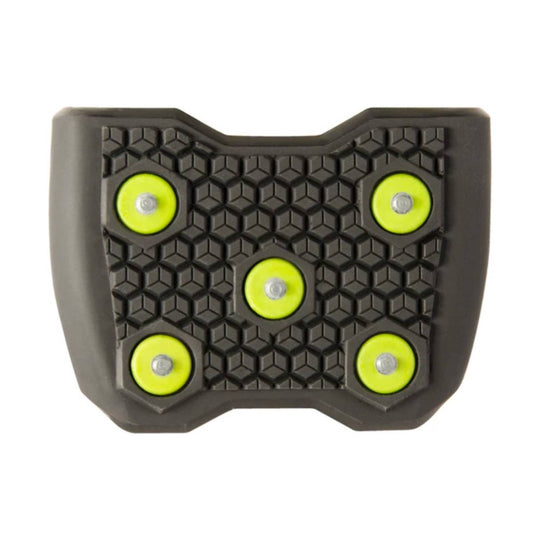 Black shoe traction cleat with six neon yellow spikes and a hex-pattern tread