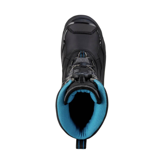 Black winter boot with blue padded lining, lace closure, and pull tab, shown from above