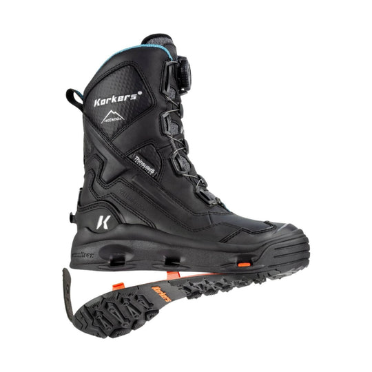 Black insulated winter boot with dial closure, lace hooks, and rugged tread outsole