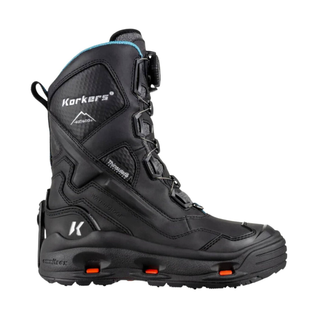 Black insulated winter boot with lacing system, side zipper, and orange outsole accents