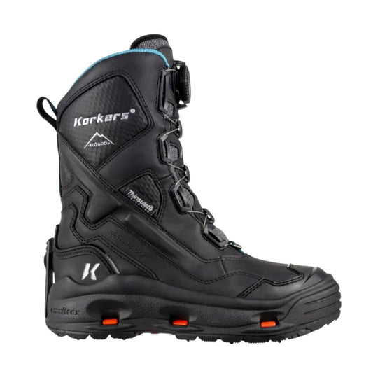 Black insulated winter boot with lacing system, side zipper, and orange outsole accents