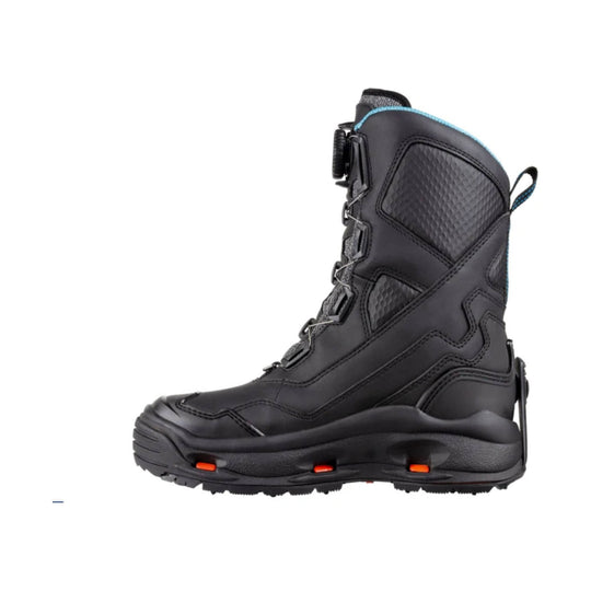Black winter boot with lace-up front, molded sole, and blue trim