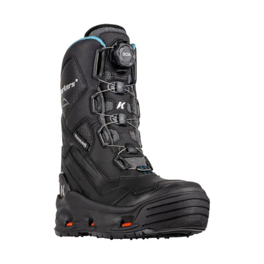 Black insulated winter boot with BOA lacing system, thick treaded sole, and blue trim