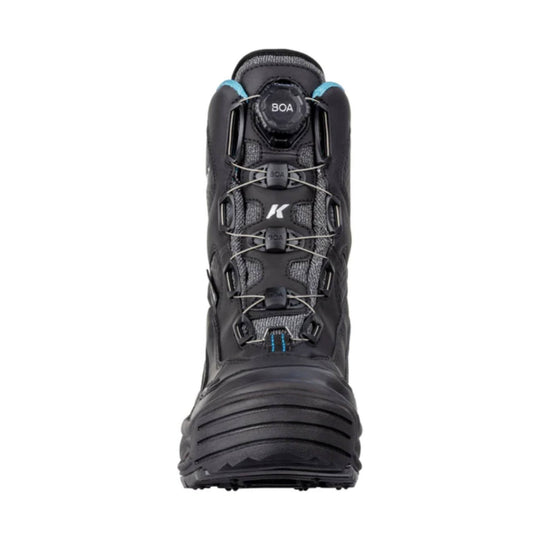 Black winter boot with BOA lacing system and blue accent trim, front view