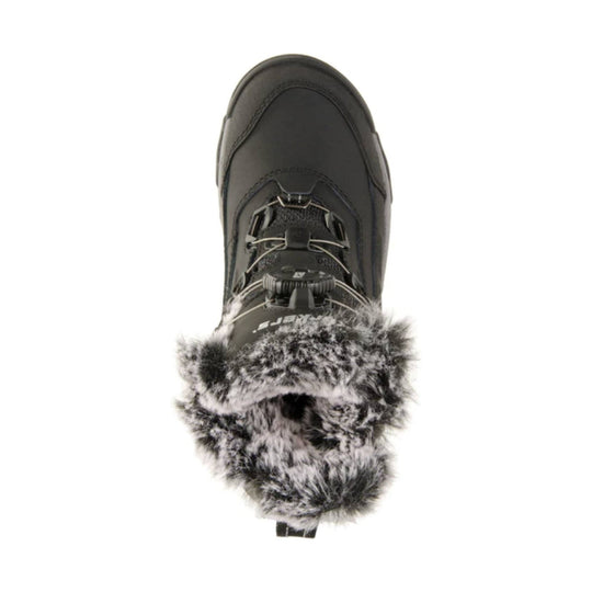 Black winter boot with bungee laces and a gray-and-black faux-fur cuff, shown from above.