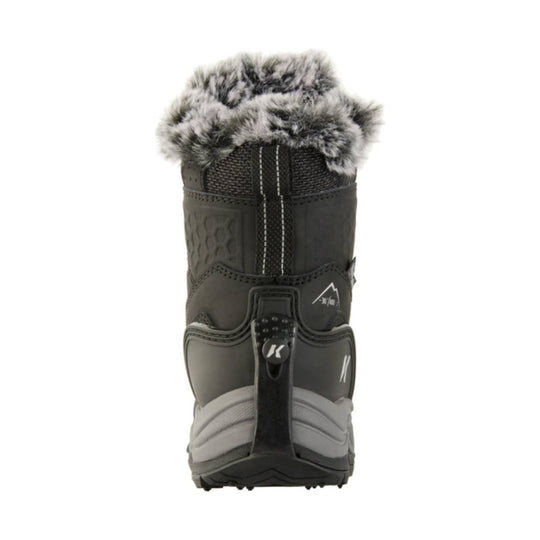 Black and gray winter boot with faux fur cuff, front pull tab, and treaded sole