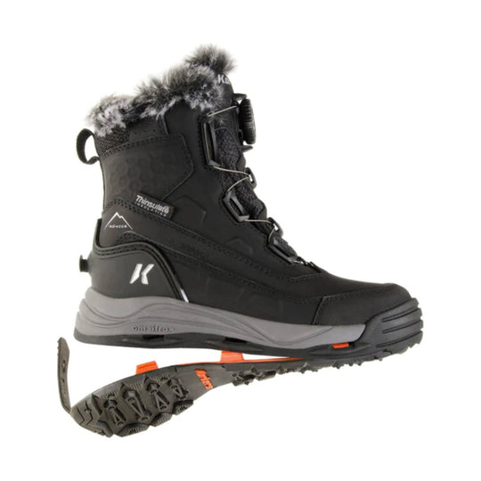 Black winter boot with dial closure, pull tabs, and rugged tread sole