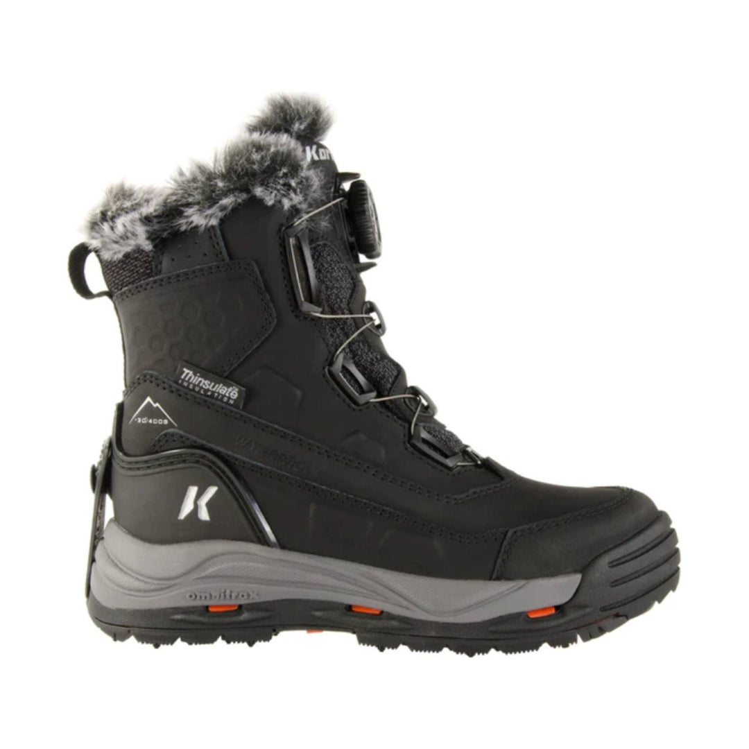 Black insulated snow boot with faux-fur collar, BOA dial closure, and thick treaded sole